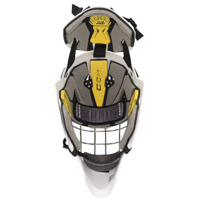 Inside goalie helmet