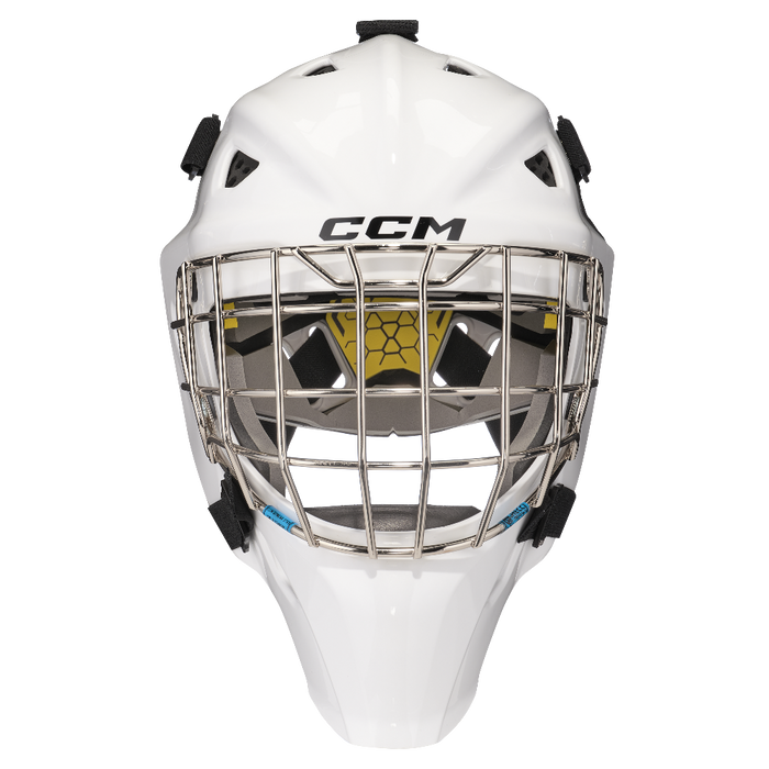 White goalie helmet front