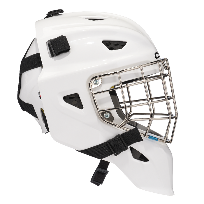 white goalie helmet side