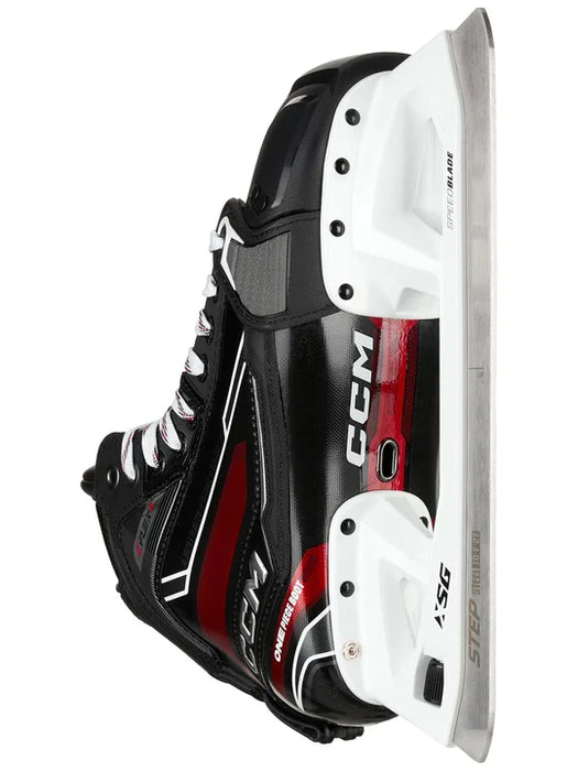 black goalie skate with red details