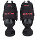 Black Goalie knee protectors with red writing