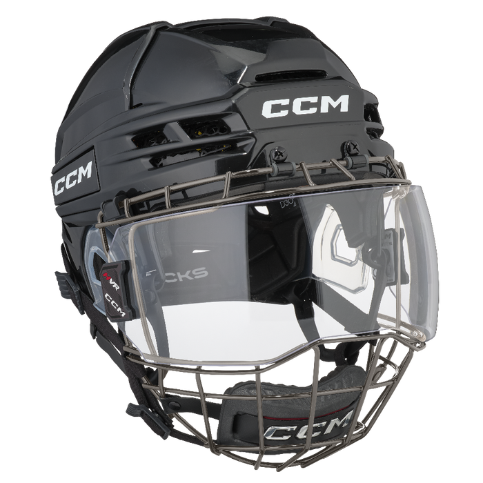 black helmet with visor and cage