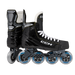 Black inline skates with yellow trim and blue wheels