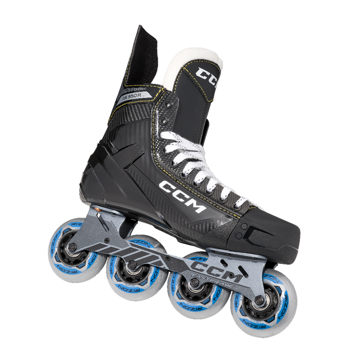 Black inline skates with yellow trim and blue wheels