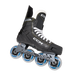 Black inline skates with yellow trim and blue wheels