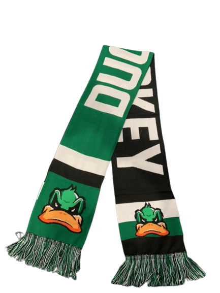 Black green and white scarf with ducks logo