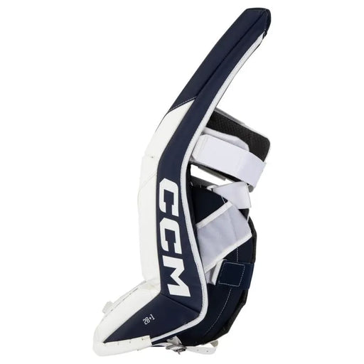 white goalie pads with navy details
