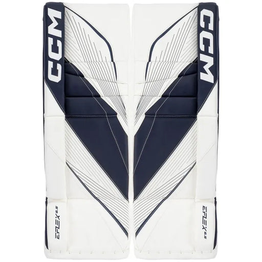 white goalie pads with navy details