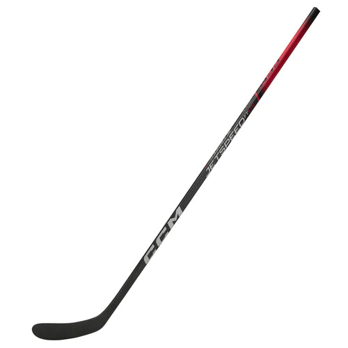Black hockey stick with silver writing and red details