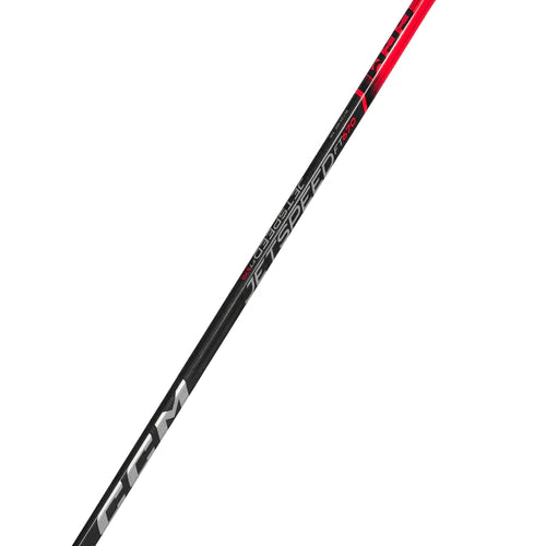 Black hockey stick with silver writing and red details