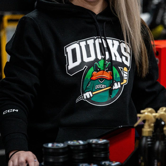 black hoodie with ducks logo