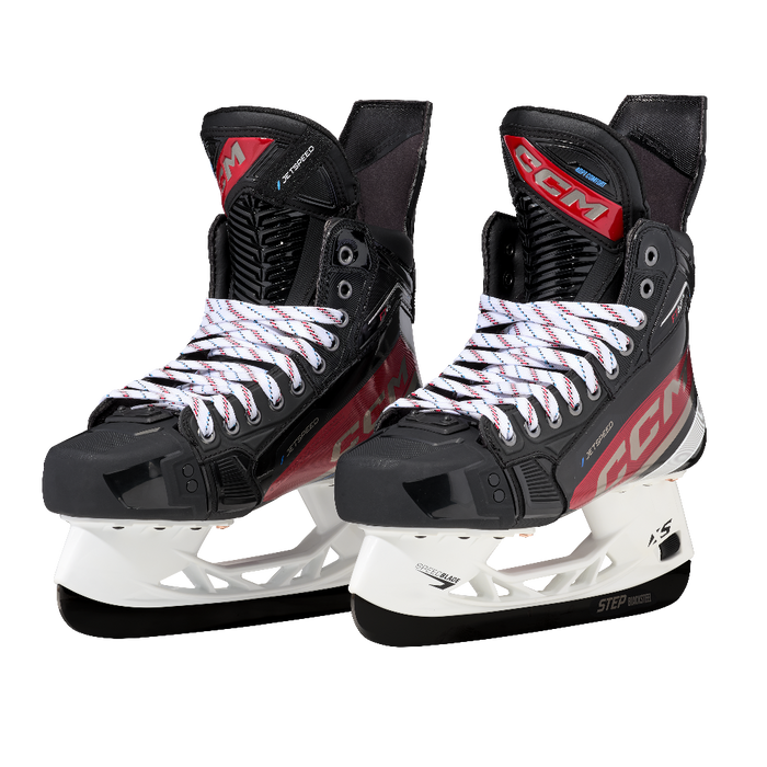 Black and red skates, with white and red laces.