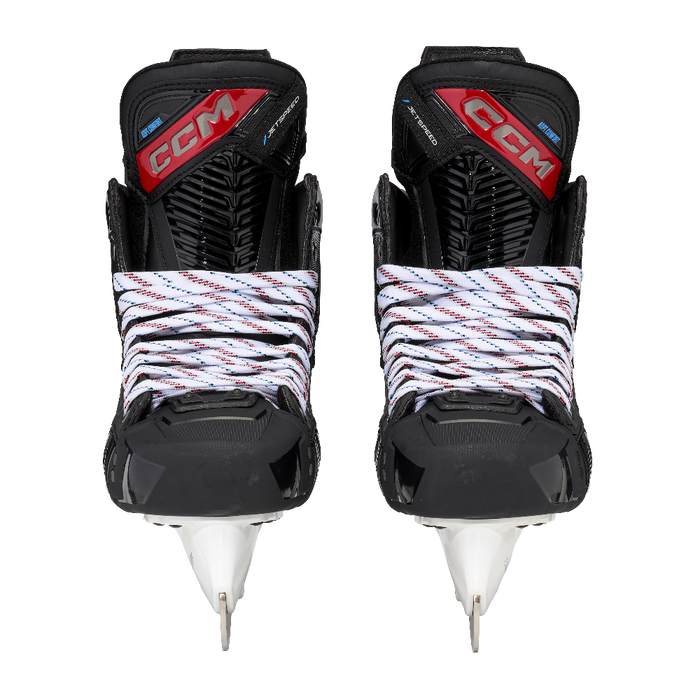 Black and red skates, with white and red laces.