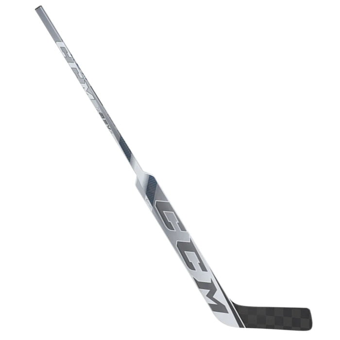 silver goalie stick with blue and white detail