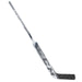 silver goalie stick with blue and white detail