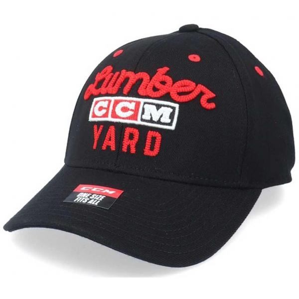 Black ccm lumber yard cap with red text