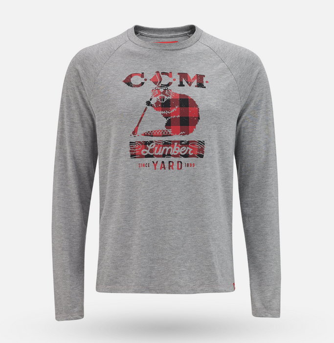 Grey long sleeve with red checked lumber yard logo