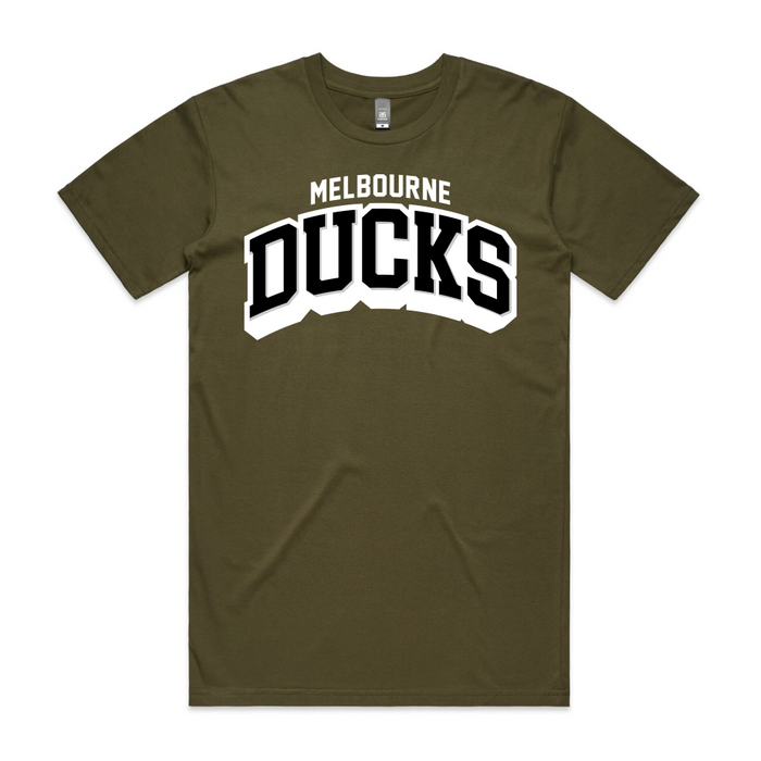 army green tshirt with melbourne ducks text
